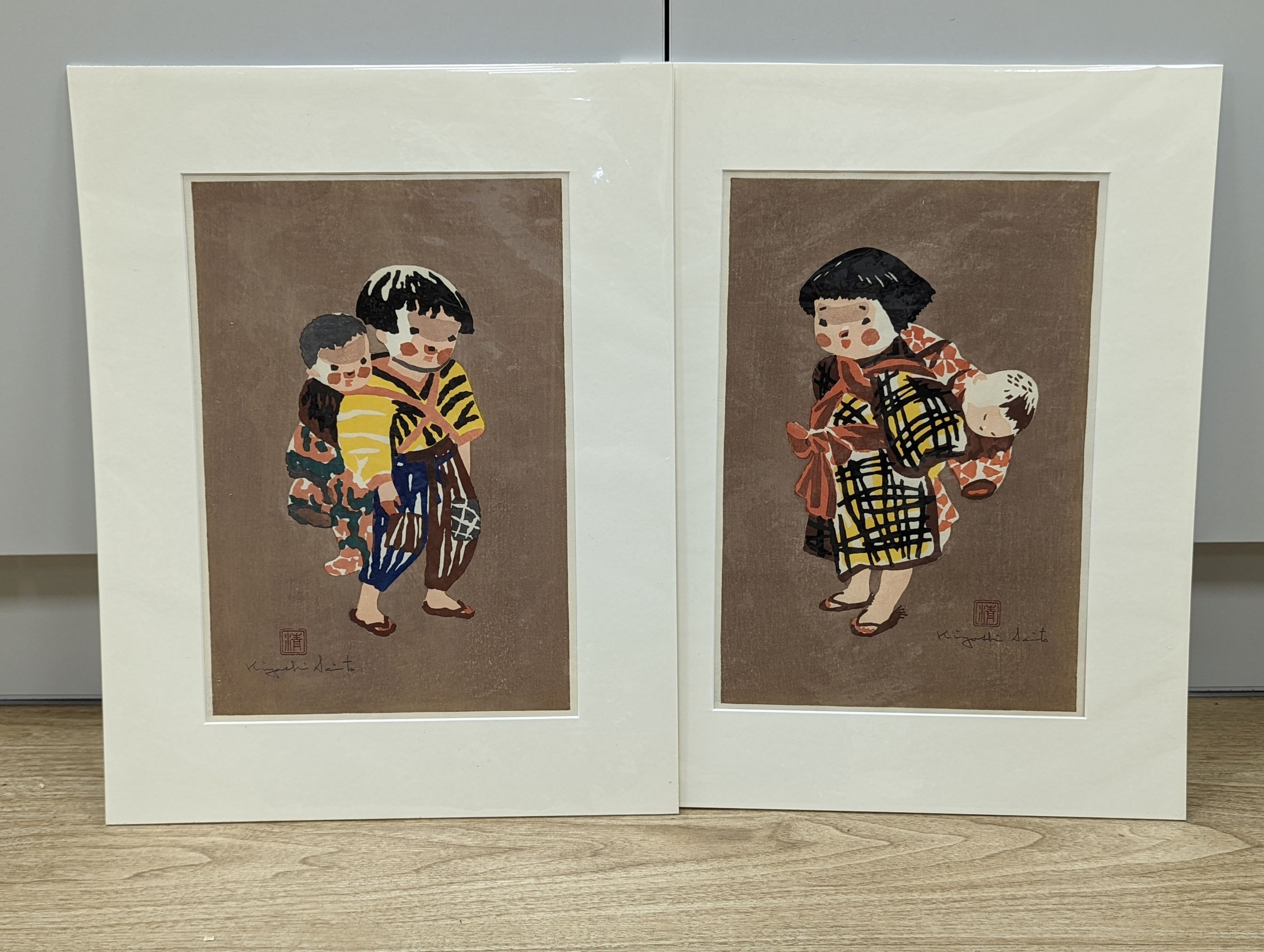 Kiyoshi Saito (1907-1997), pair of woodblock prints, Siblings - Studies of children, signed in pencil, 37 x 25cm, unframed